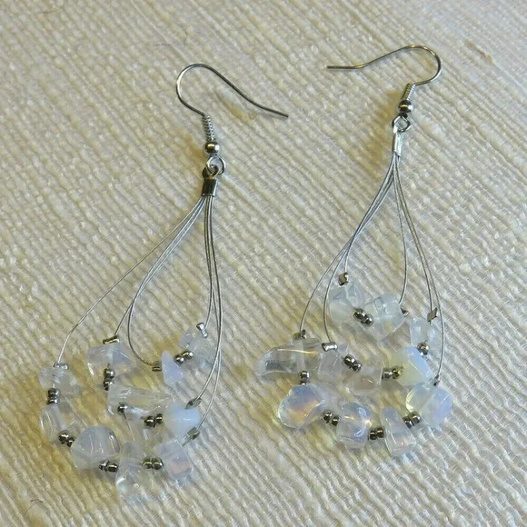 Hand Crafted Opalite Gemstone Beads Triple Teardrop Loop 70mm Long Earrings - Picture 1 of 1